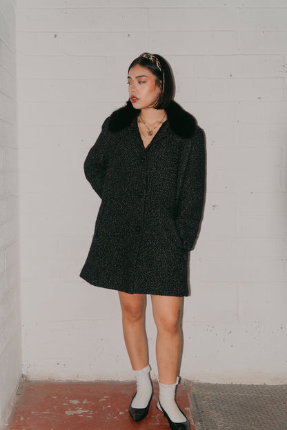 Max Mara Bouclé Black Coat with Fur Collar Size S uk 6/8