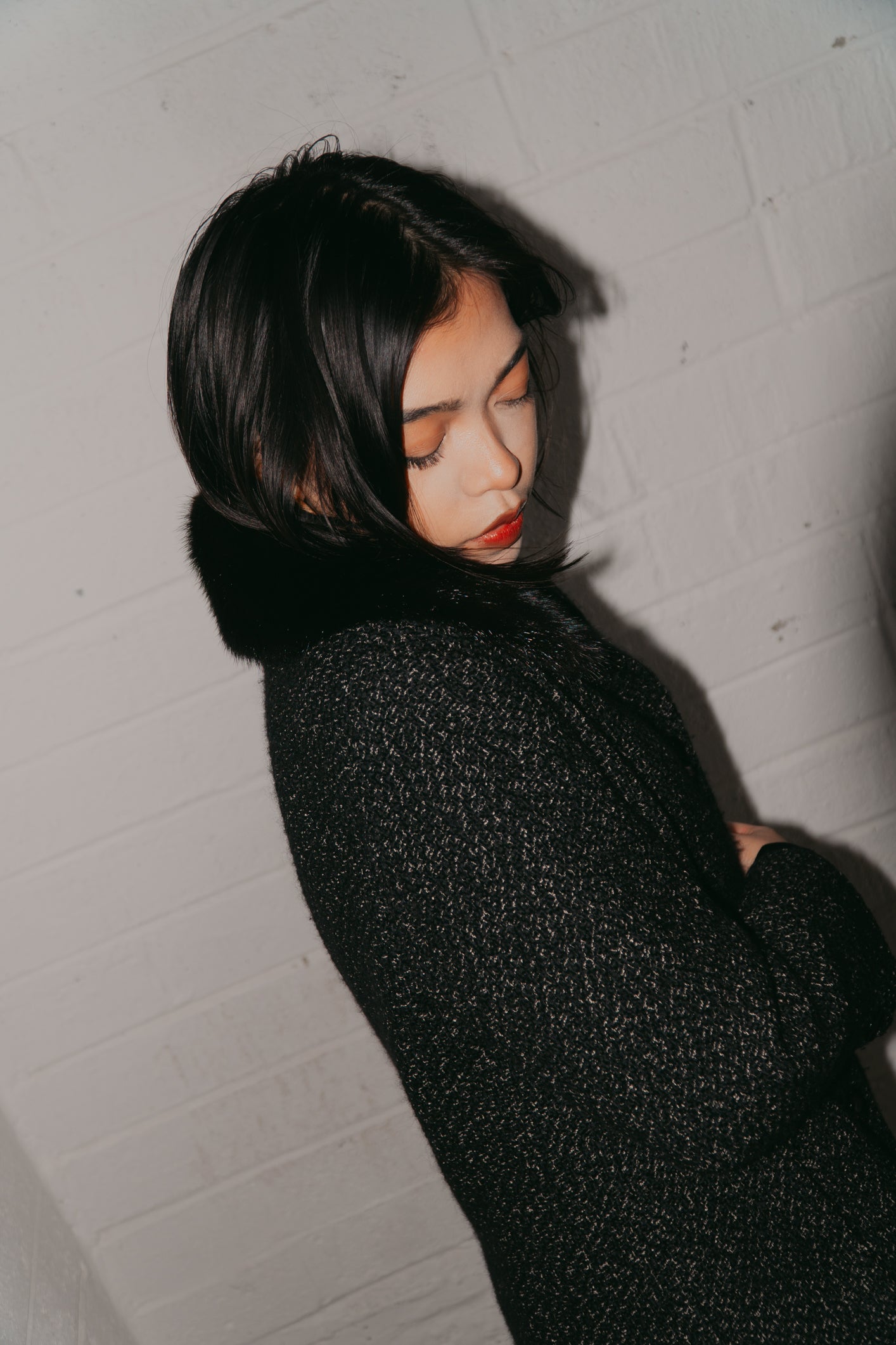 Max Mara Bouclé Black Coat with Fur Collar Size S uk 6/8