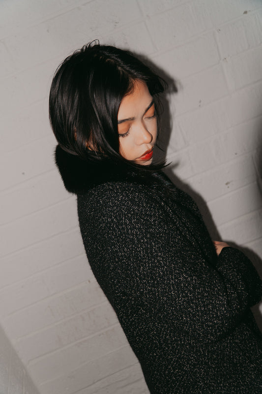 Max Mara Bouclé Black Coat with Fur Collar Size S uk 6/8