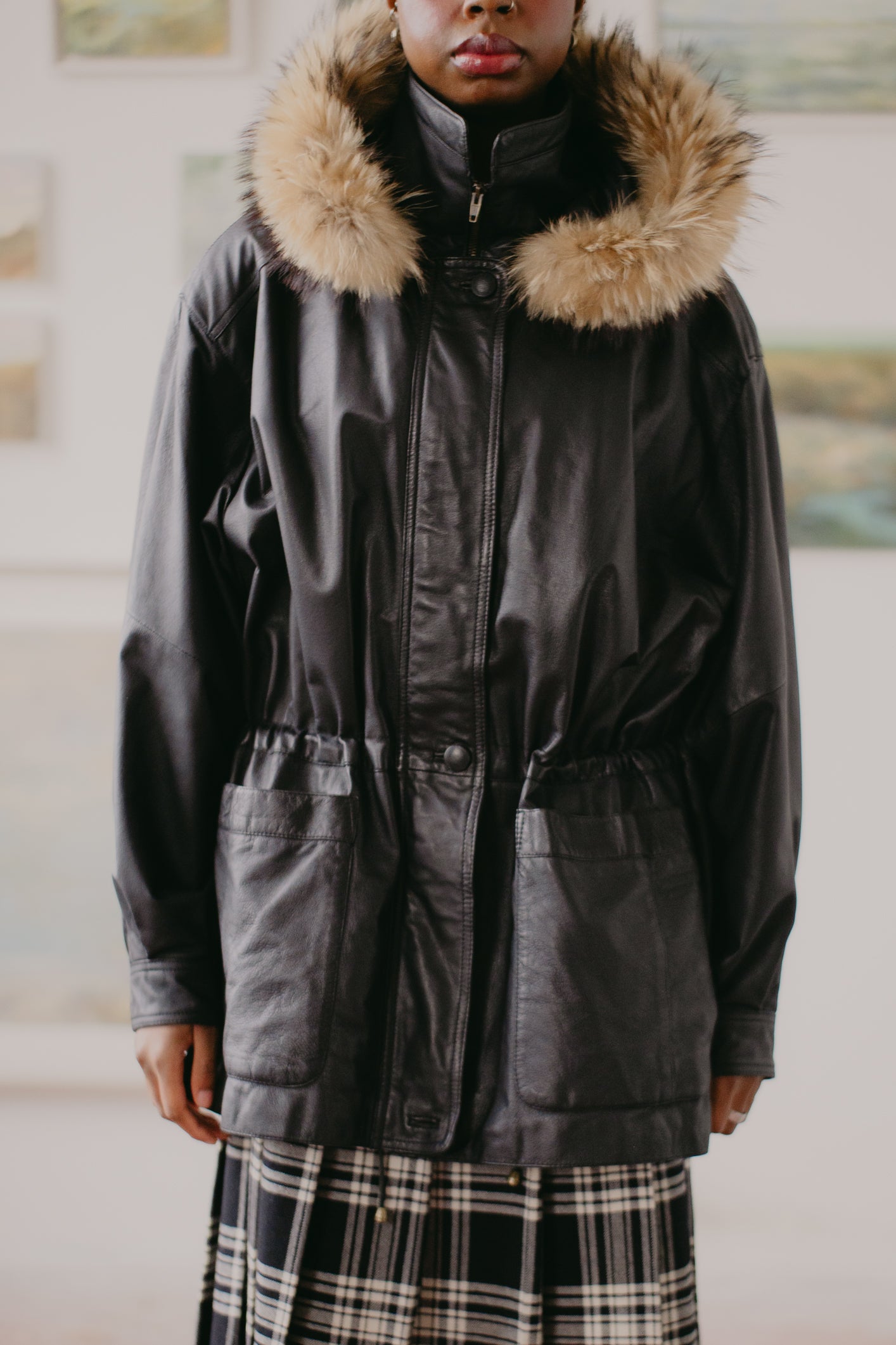 Leather Parka with fur hood Size L/XL UK 14/12