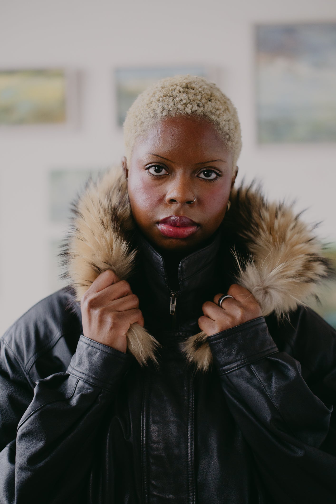 Leather Parka with fur hood Size L/XL UK 14/12