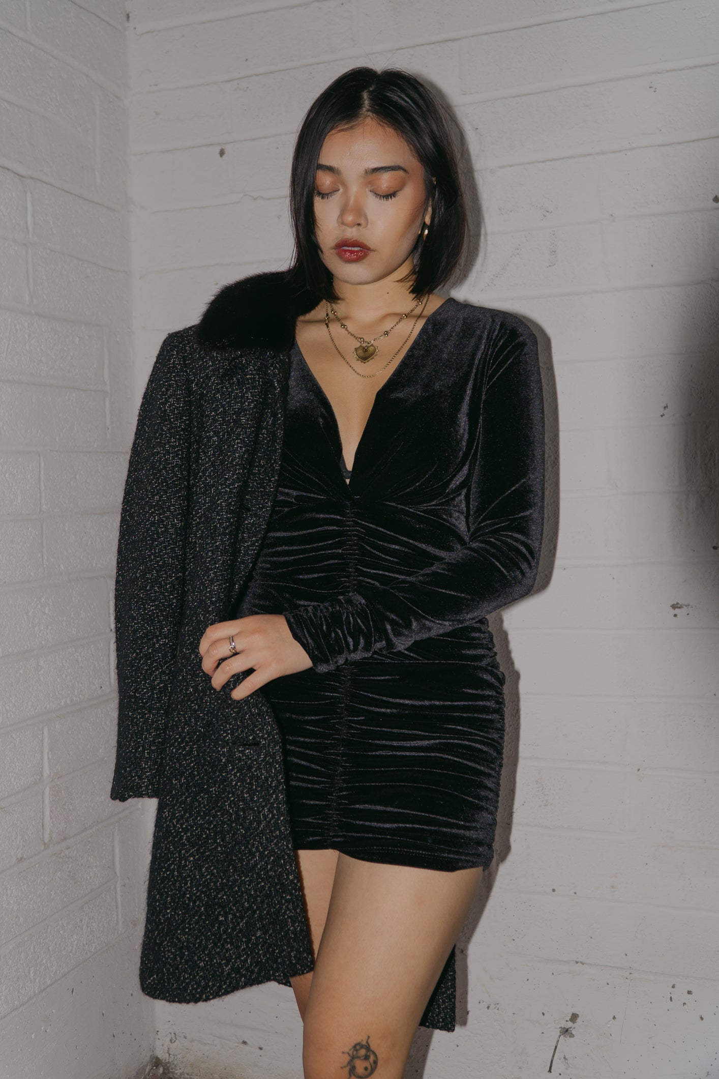 Velvet Ruched Long-Sleeve Dress in Size S/M UK 8/10