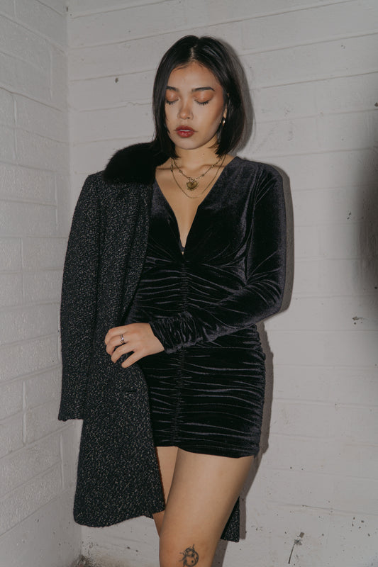 Velvet Ruched Long-Sleeve Dress in Size S/M UK 8/10