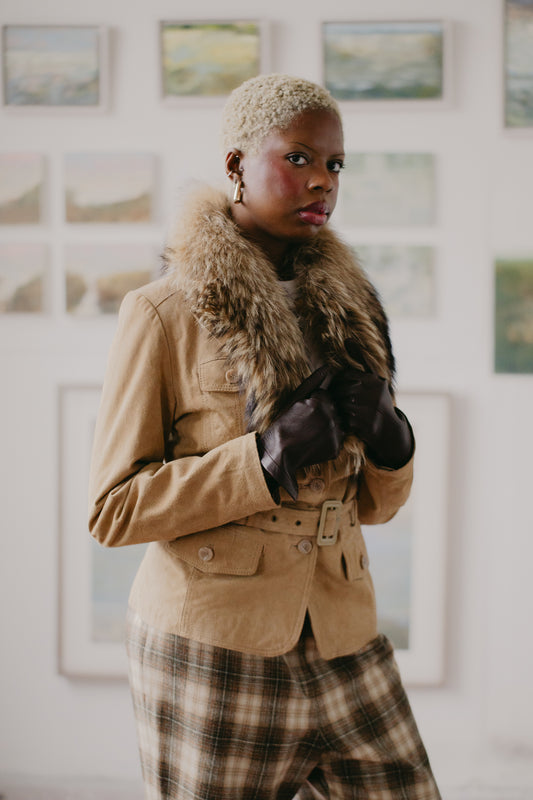 Suede Camel Jacket with fur Size S/M UK 8/10
