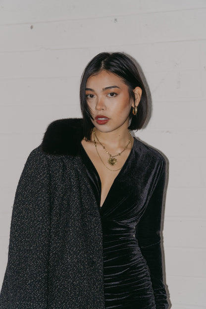 Velvet Ruched Long-Sleeve Dress in Size S/M UK 8/10