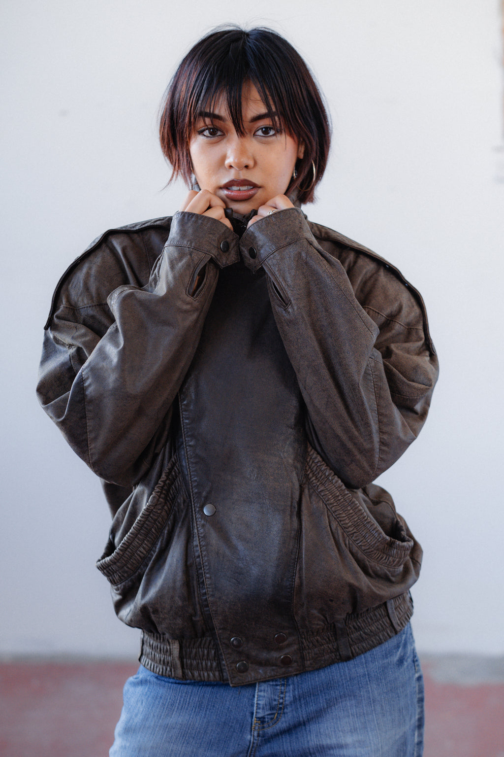 Dark Brown Military-Style Leather Jacket