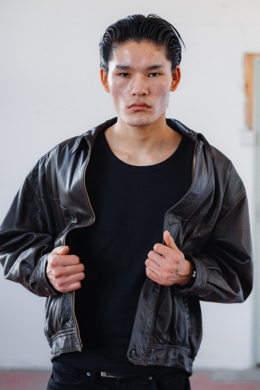 Chocolate Brown Leather Bomber Jacket