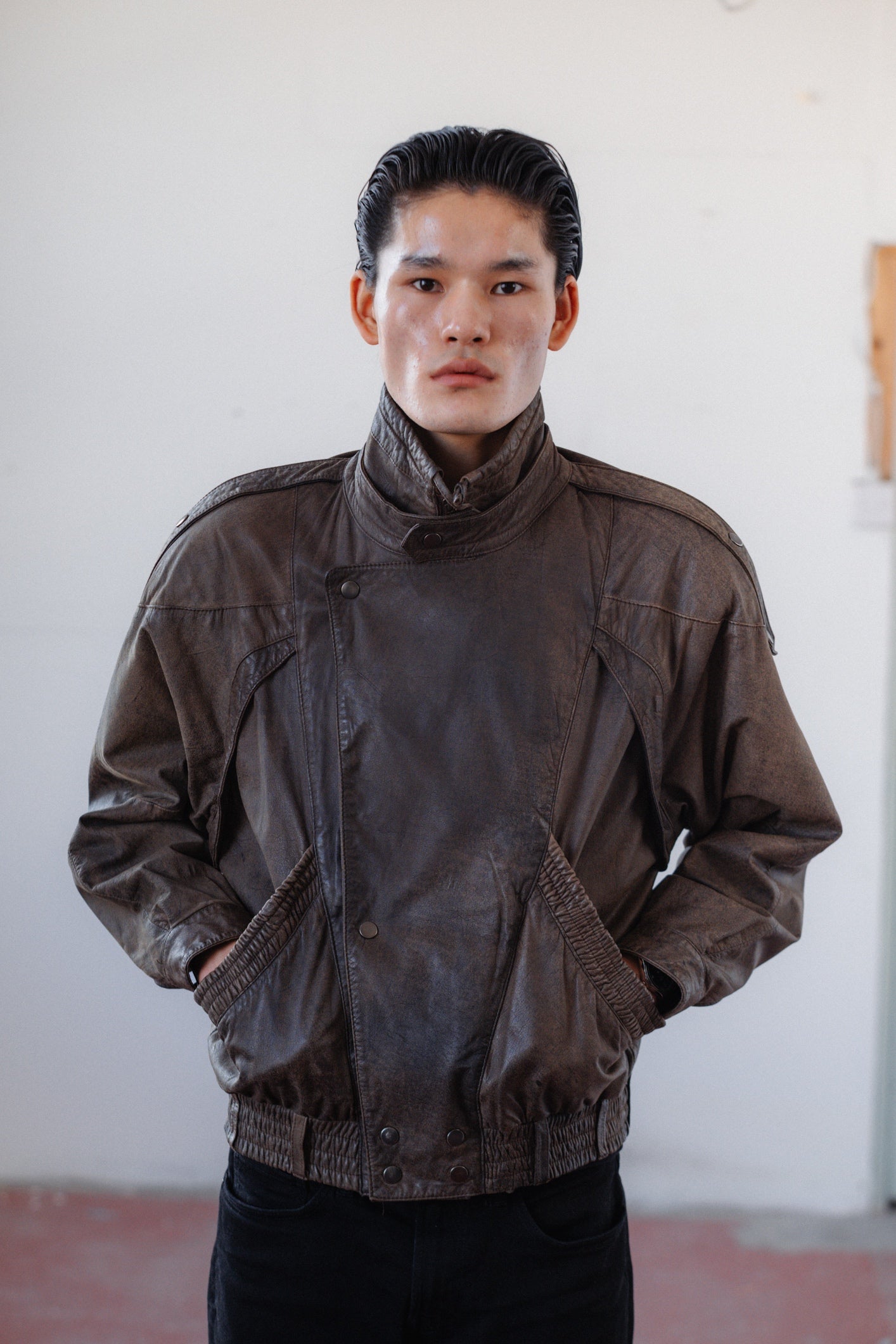 Dark Brown Military-Style Leather Jacket