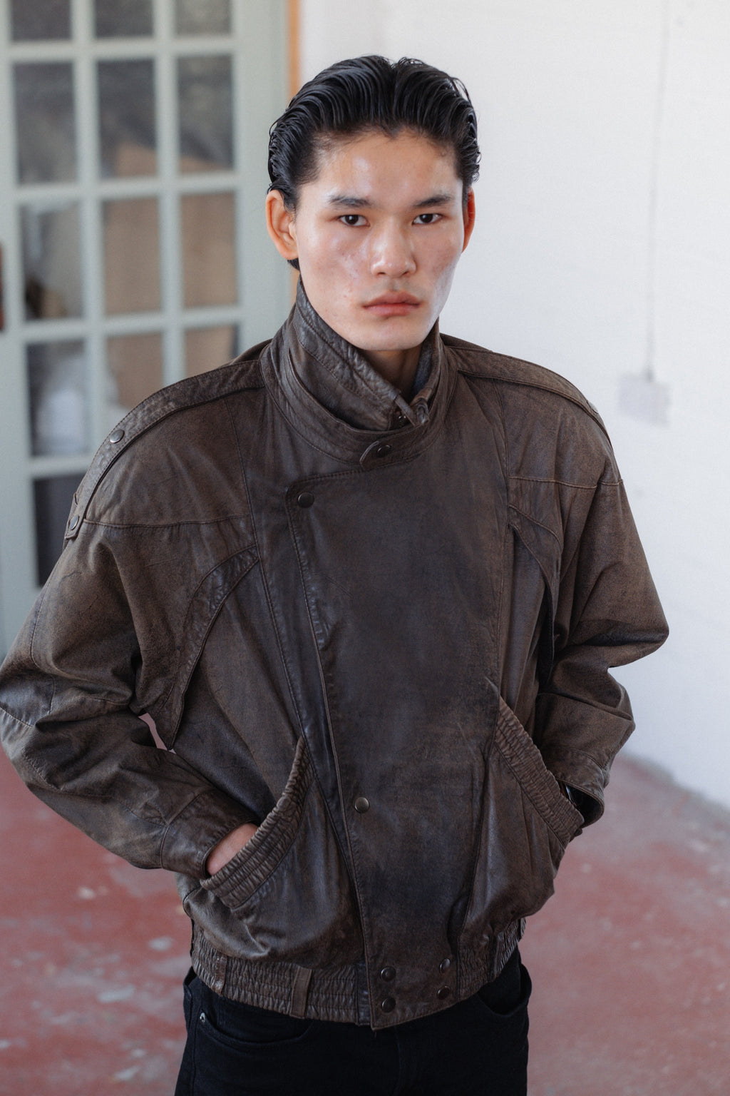 Dark Brown Military-Style Leather Jacket