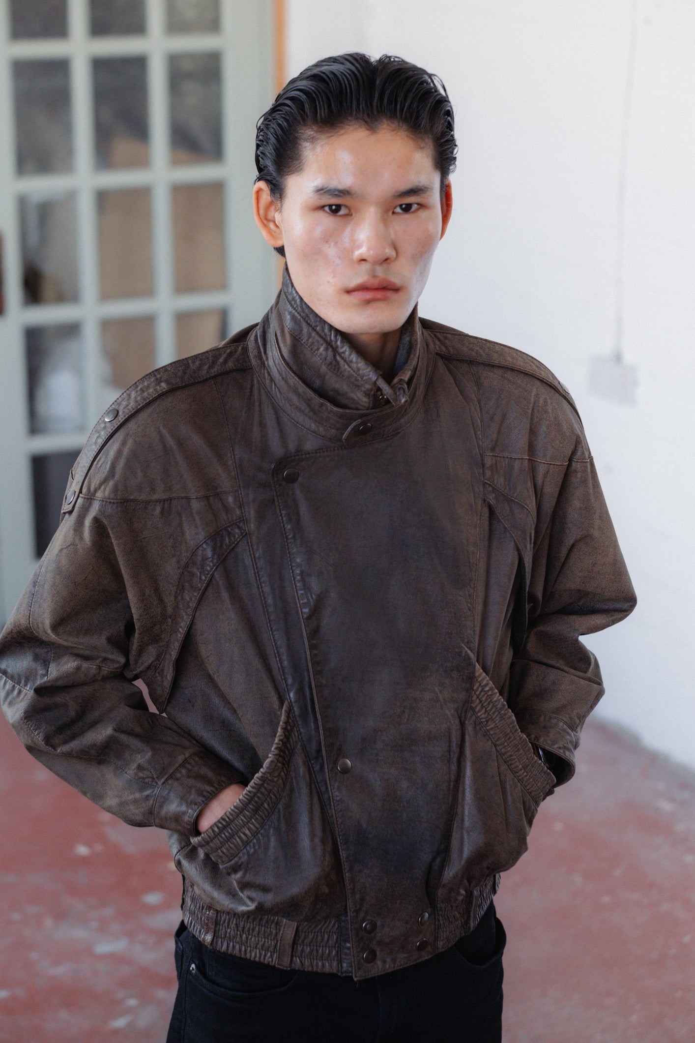 Dark Brown Military-Style Leather Jacket