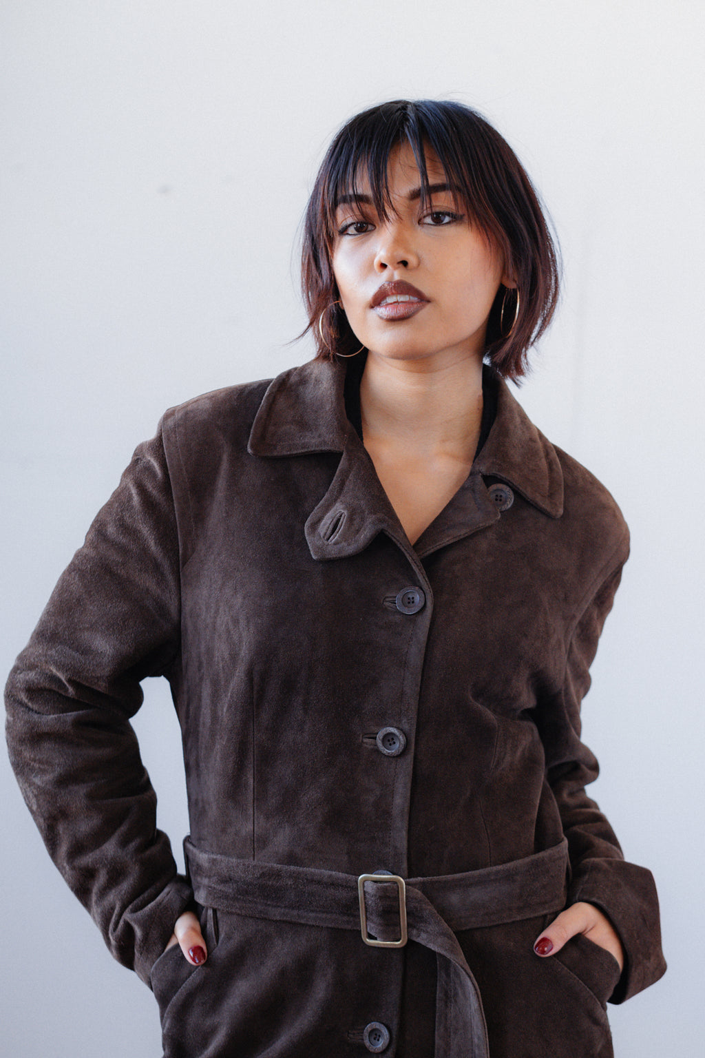 Chocolate Brown Suede Longline Leather Coat
