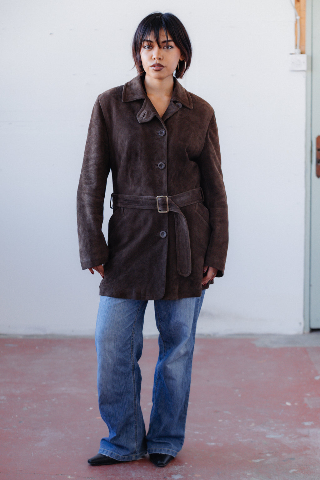 Chocolate Brown Suede Longline Leather Coat