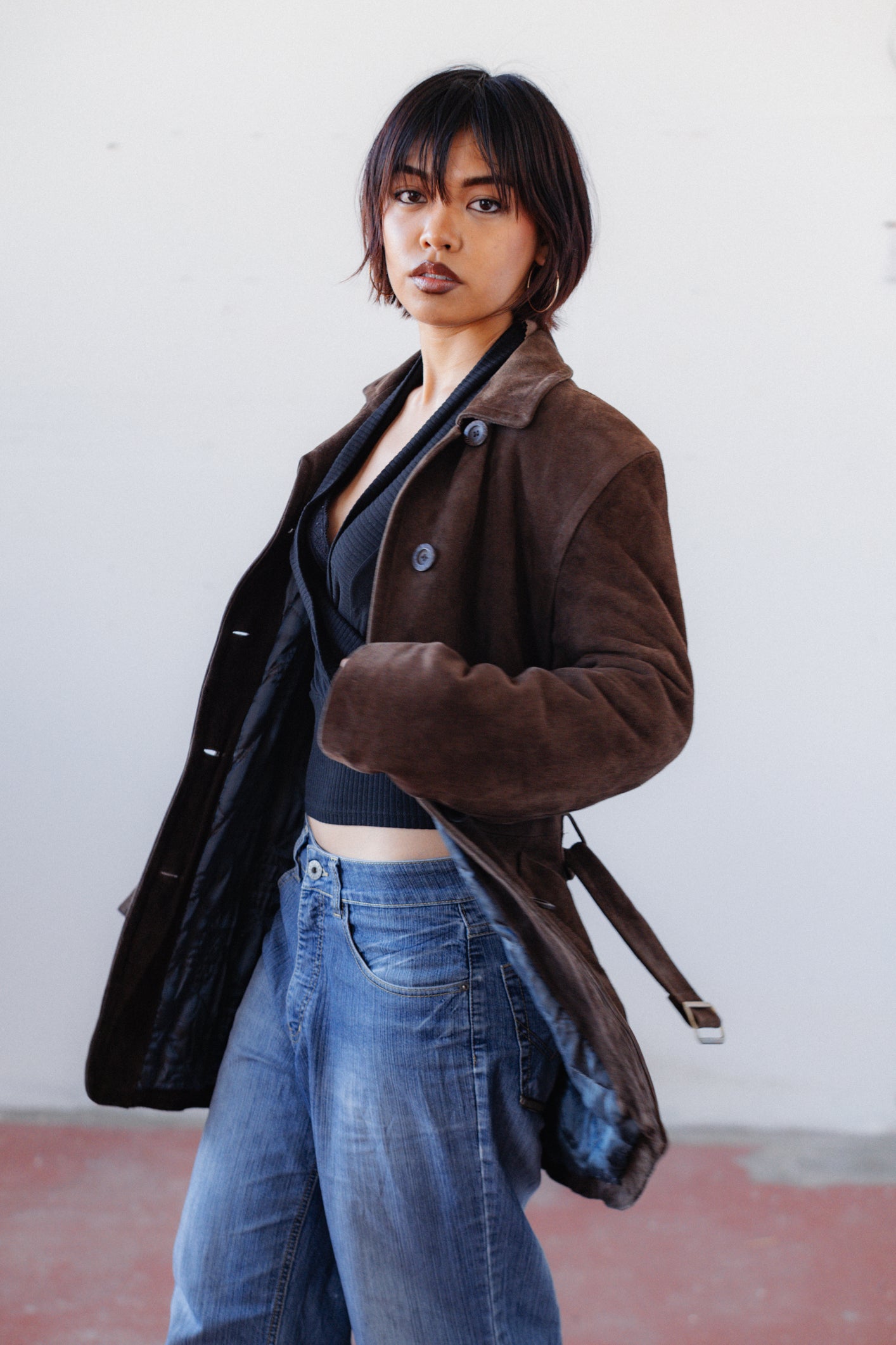 Chocolate Brown Suede Longline Leather Coat