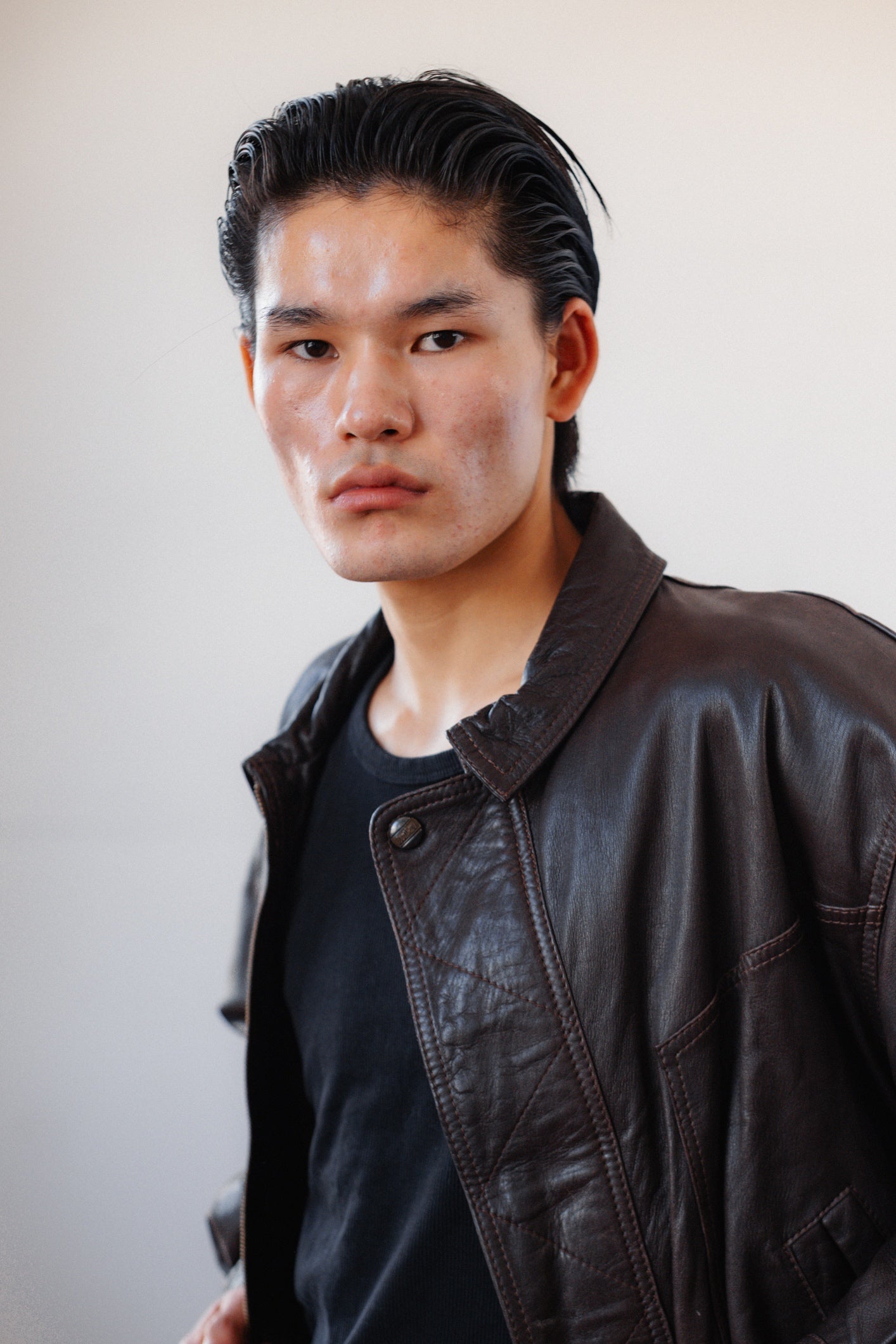 Chocolate Brown Leather Bomber Jacket