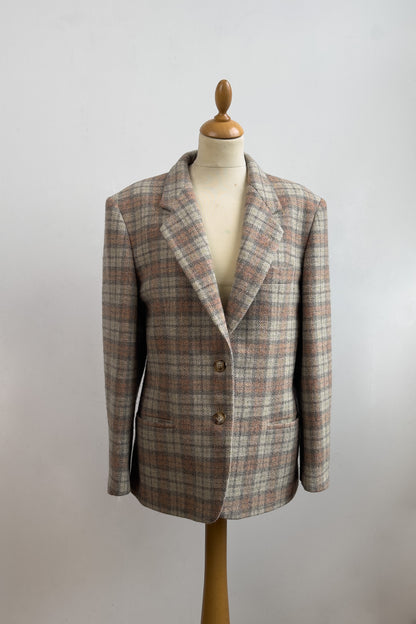 Light Grey Wool & Alpaca Blazer with Soft Plaid Accents Size M UK 10/12