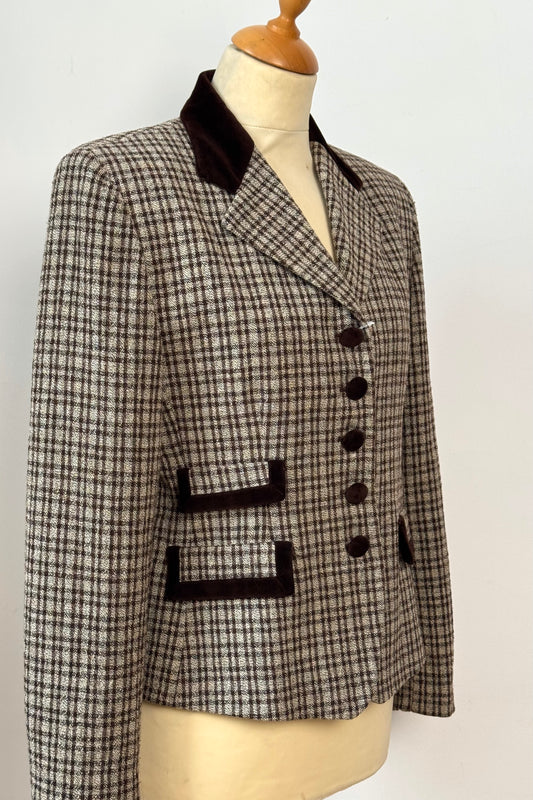 White & Brown Checked Blazer with Velvet Details Size UK 8/10