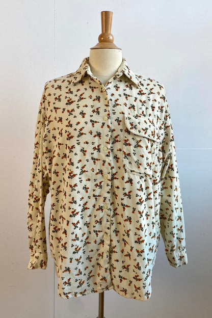 Cream Floral Corduroy Shirt in Size M UK 8/10