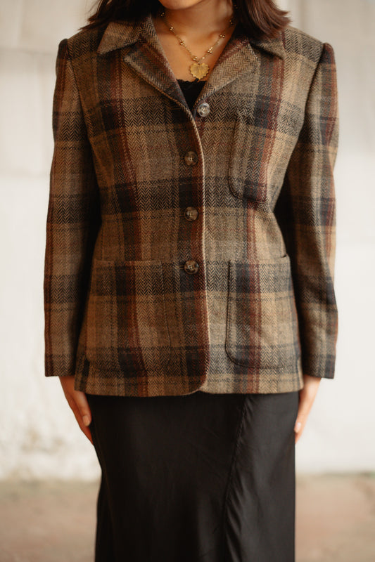 Weekend by Max Mara Wool Blazer Coat - Olive Green Herringbone & Tweed, Italian Designer, Size M/UK 10