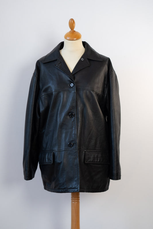 BLACK LEATHER JACKET WITH BUTTONS SIZE M/L UK10/12