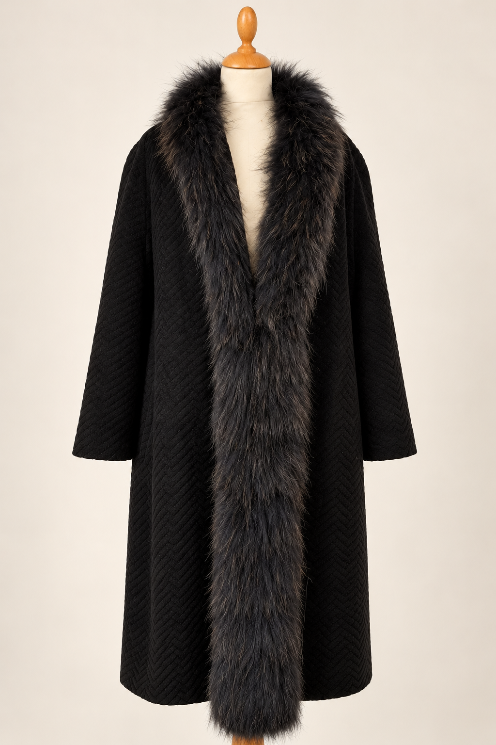 Black Wool & Angora Coat with Real Fur Trim