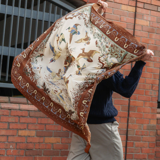 Maxi Silk Scarf - Warm Brown & Muted Blue, Duck Watercolour Print, Headscarf & Accessory