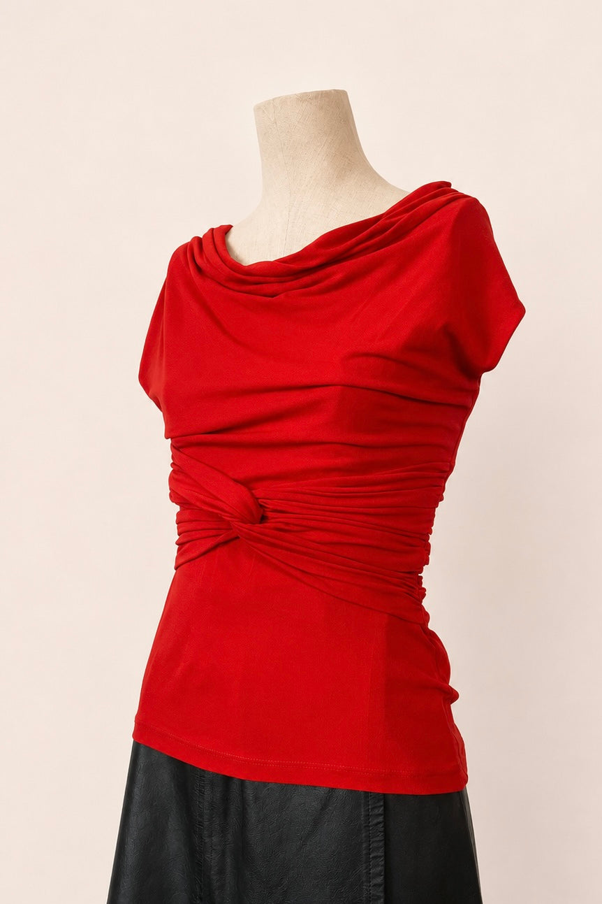 Sandro Ferrone Red Ruched Cowl Neck Top