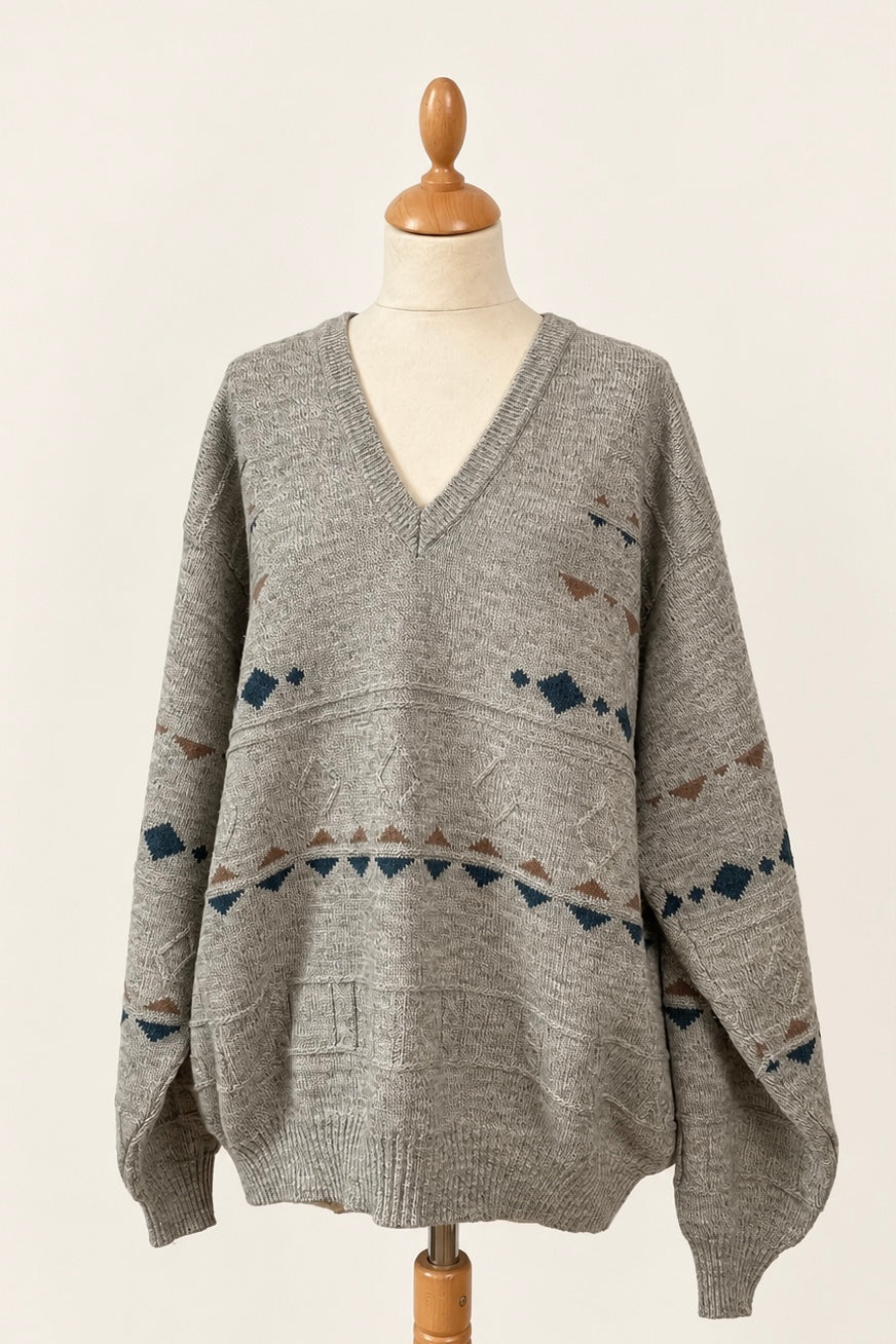 Vintage V-Neck Pattern Jumper Size L UK 12/14