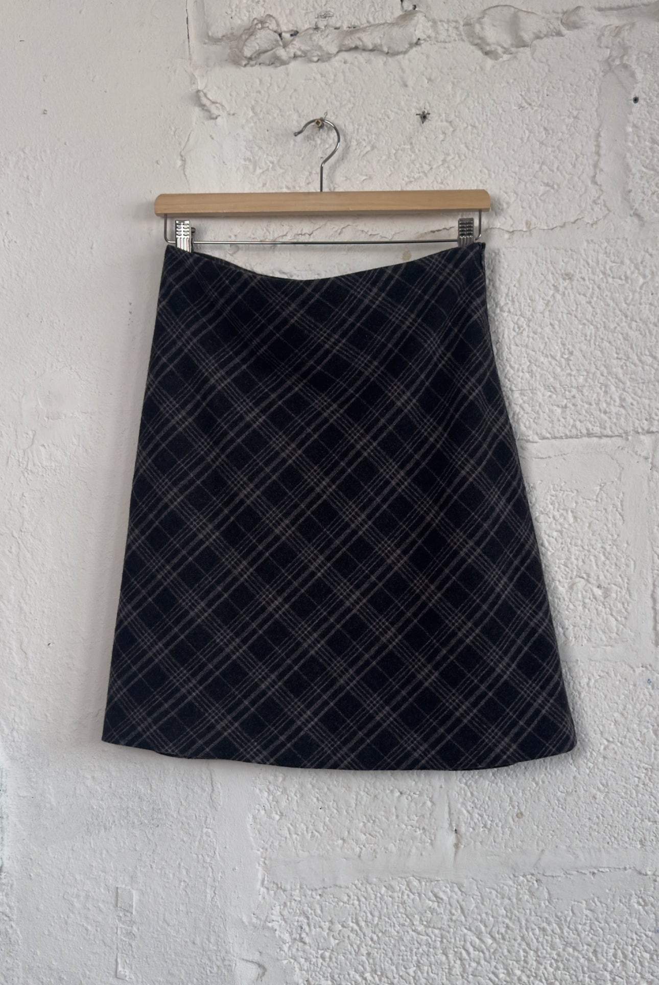 Vintage “Hennes” Grey Bias Plaid Midi Skirt Size S UK 8 EU 36