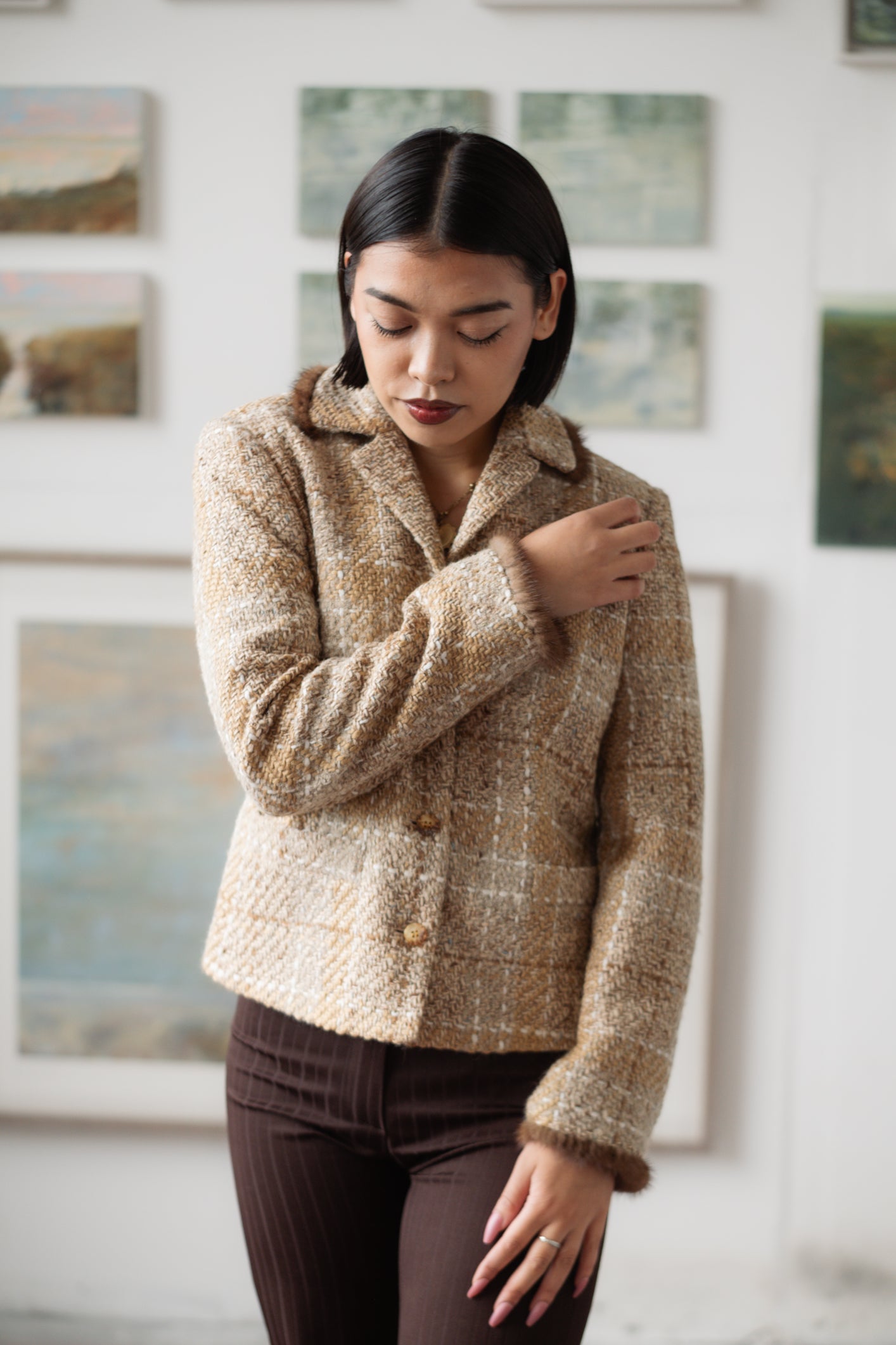 Événement Toujours Camel Brown Blazer Jacket with Fur Detail Size S/M UK 8/10