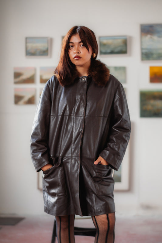 Vintage Leather Coat with Detachable Fur Collar - Real Leather, Real Fur, UK 10/12 M/L