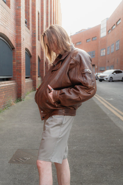 Vintage Brown Leather Bomber Jacket - Real Leather, UK 12/14 L