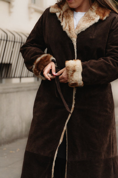 Dark Brown Suede Maxi Coat with Fur Trim Size L/XL UK 12/14