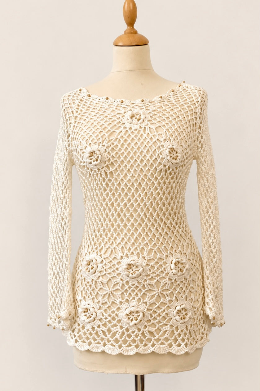 Vintage Hand-Crocheted Floral Knit Top