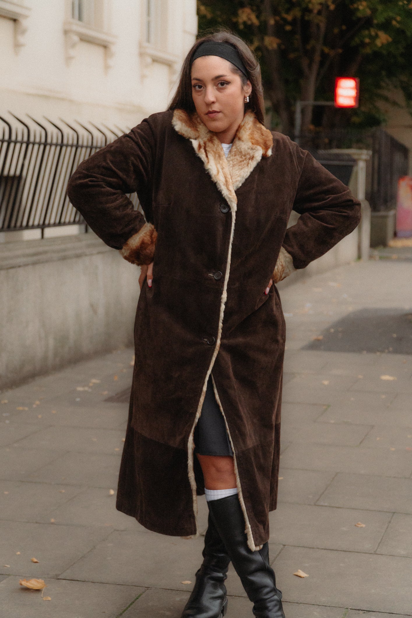 Dark Brown Suede Maxi Coat with Fur Trim Size L/XL UK 12/14