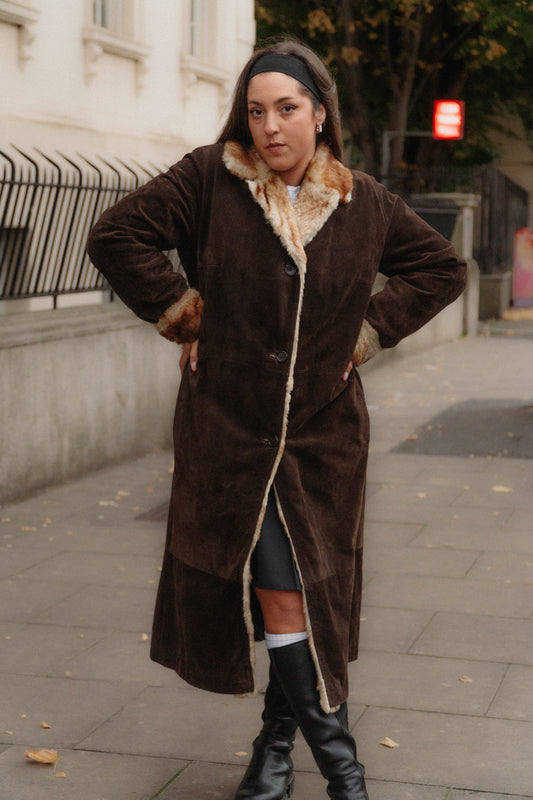 Dark Brown Suede Maxi Coat with Fur Trim Size L/XL UK 12/14