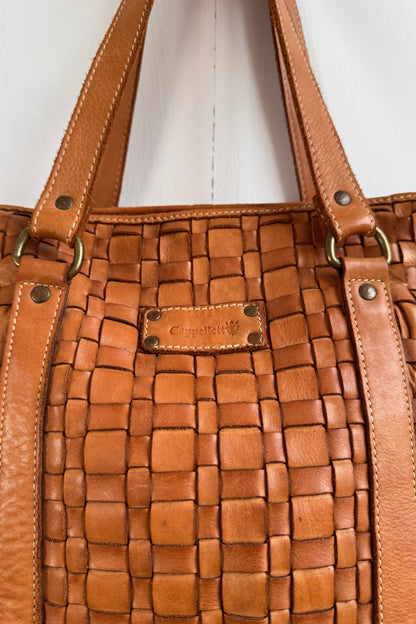 Tan Woven Leather Tote Handbag