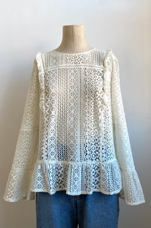 White Lace Blouse with frill Size S/M UK 8/10
