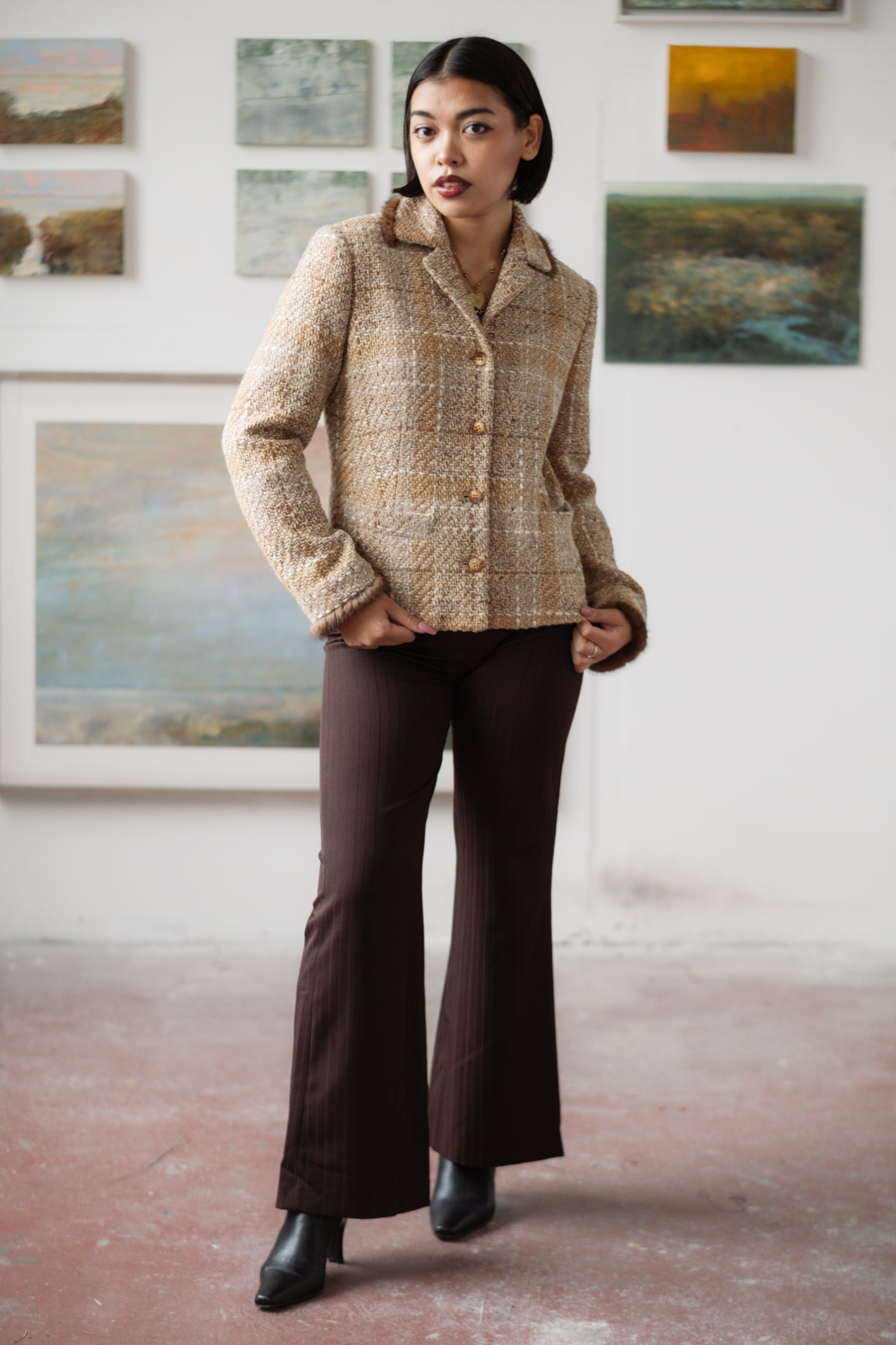Événement Toujours Camel Brown Blazer Jacket with Fur Detail Size S/M UK 8/10