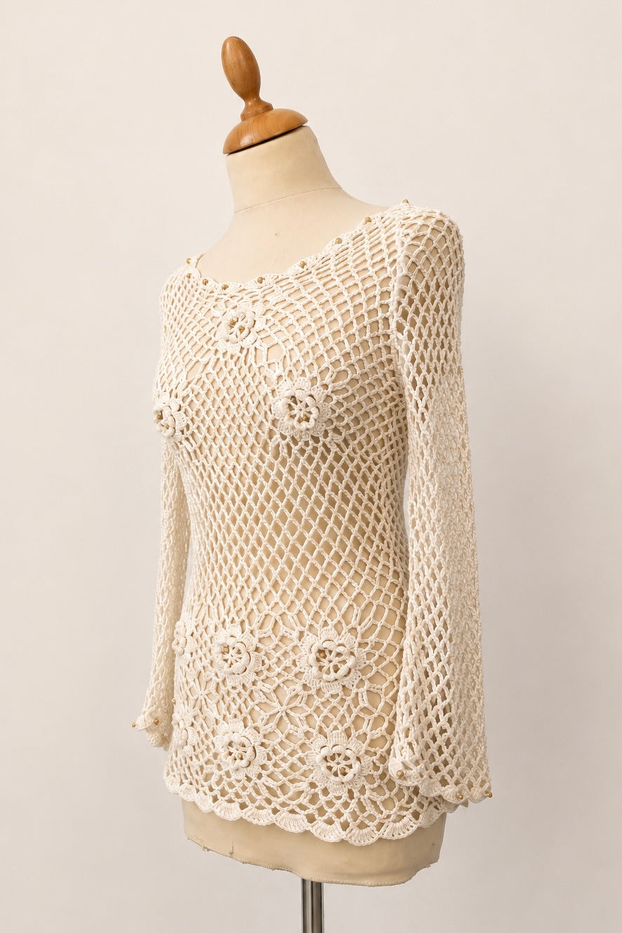 Vintage Hand-Crocheted Floral Knit Top