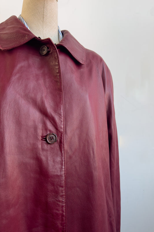 Burgundy Longline Leather Coat with Removable Fur Collar Size L UK 12