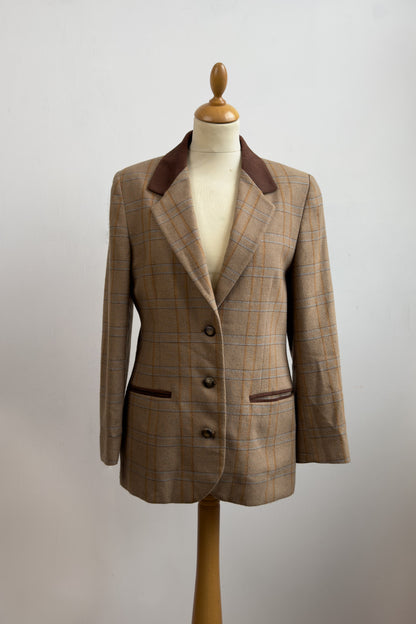 Beige Herringbone Check Blazer with Brown & Pastel Blue Accents Size S/M UK 8/10