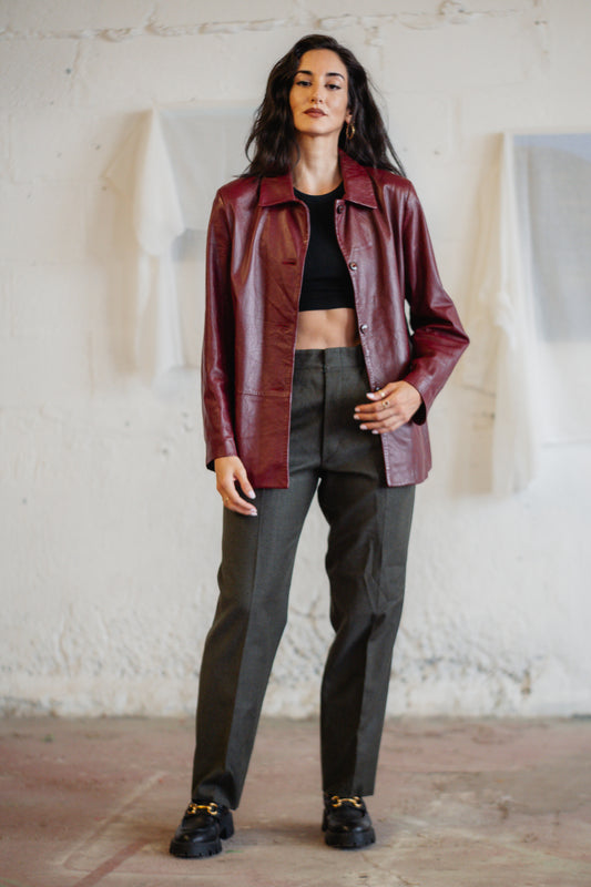 Vintage Burgundy Leather Blazer - Real Leather, Straight Fit, UK 10/12 M/L