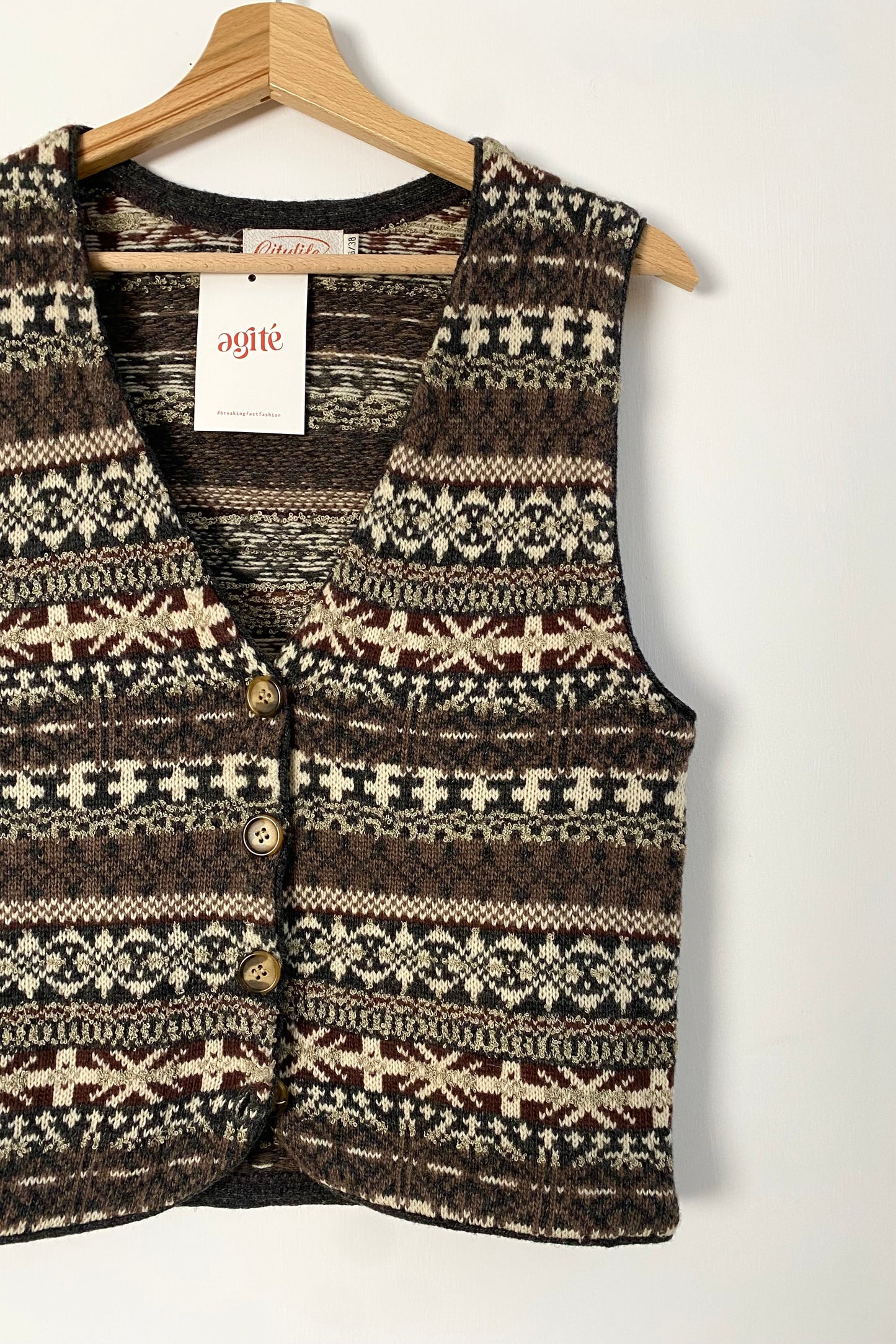 80s Patterned Sweatervest in Brown-Cream Size S/M UK 36/38