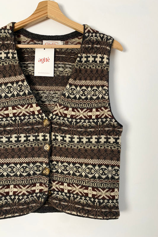 80s Patterned Sweatervest in Brown-Cream Size S/M UK 36/38