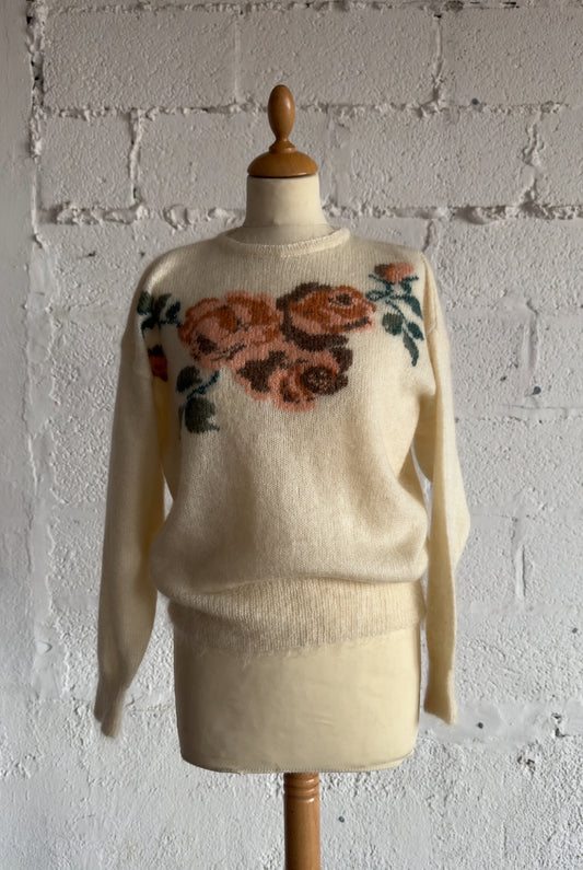 Mohair Knit Jumper in Cream with Rose Motif Size S UK 6/8