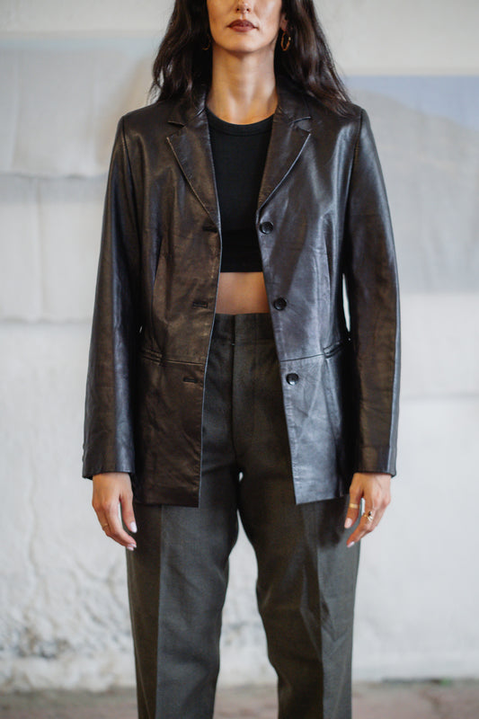 Vintage Black Leather Blazer - Real Leather, Straight Fit, UK 8/10 S/M