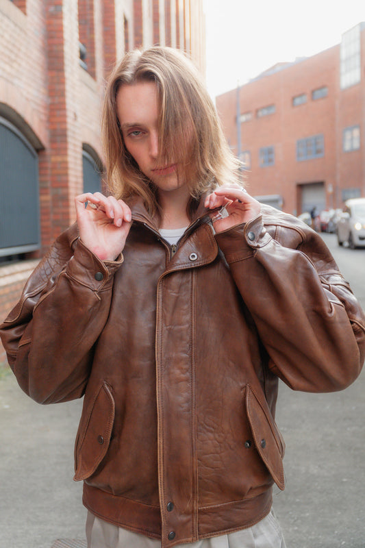Vintage Brown Leather Bomber Jacket - Real Leather, UK 12/14 L