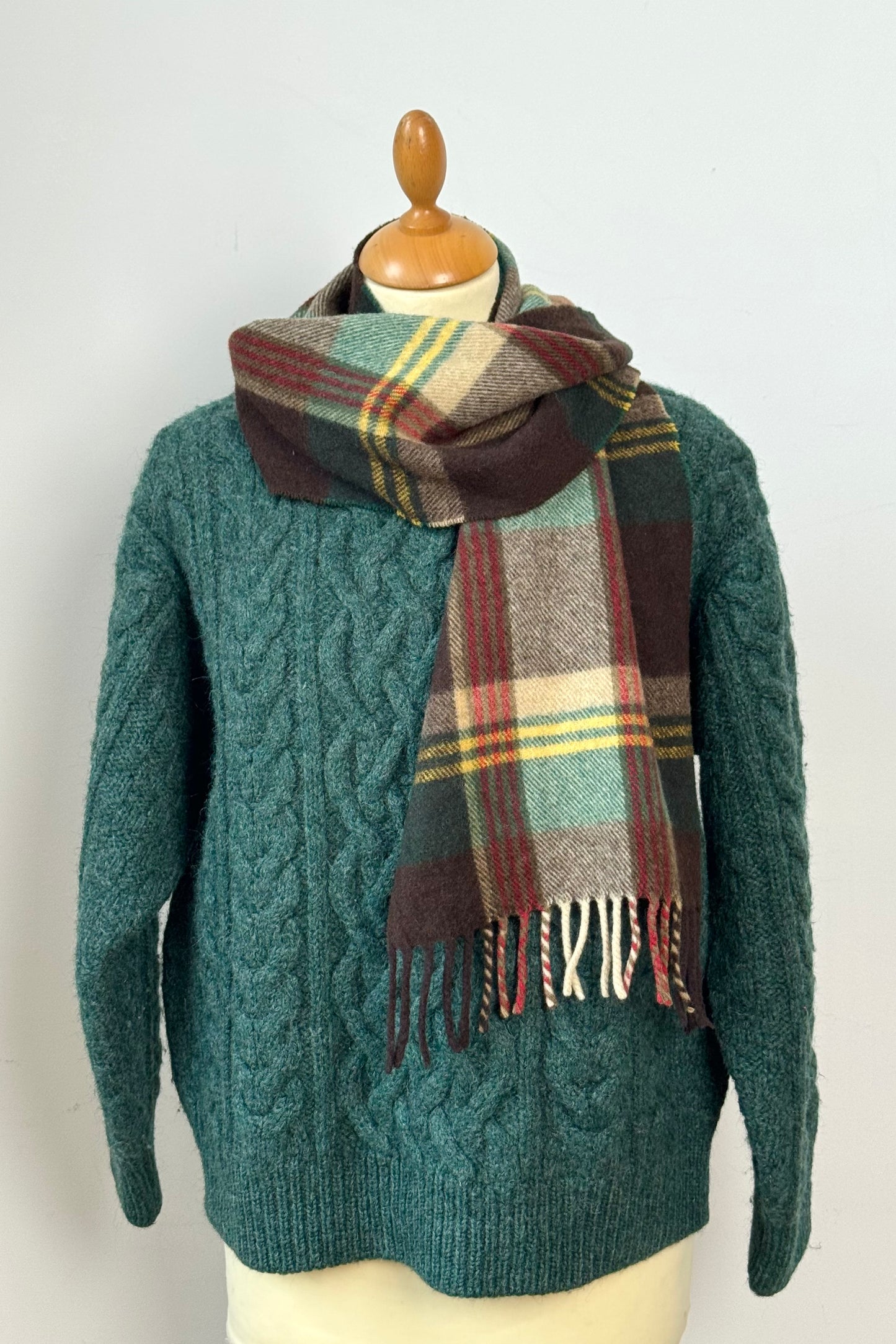 Plaid Wool Scarf in Green, Brown, Mustard and Cream