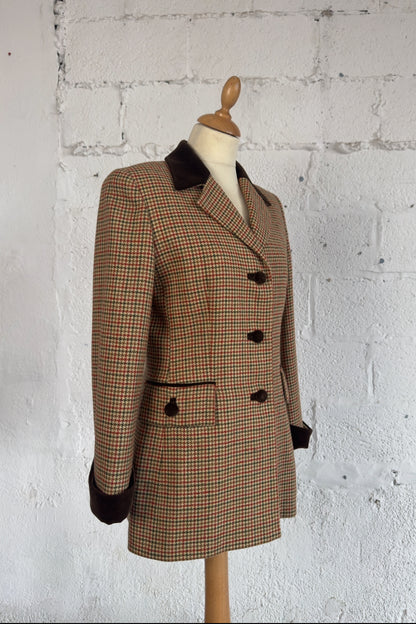 Women’s Houndstooth Wool Blazer Velvet Detail Size S/M Women’s UK 8/10
