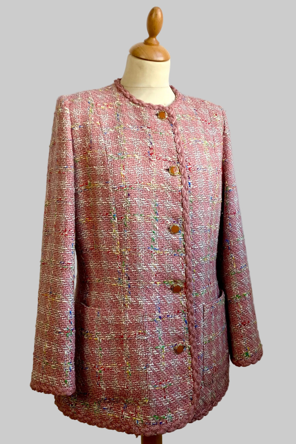 Pink Bouclé Blazer Round Collar